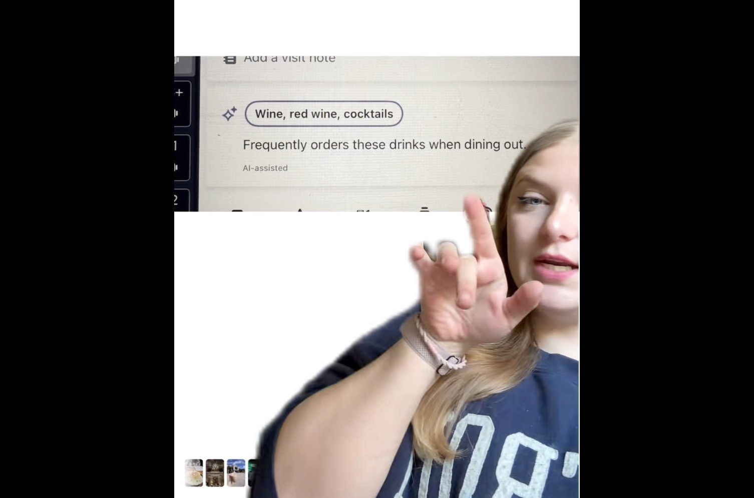 Screenshot of Eating Out Austin video from TikTok showing an OpenTable AI-assisted tag that someone orders red wine frequently