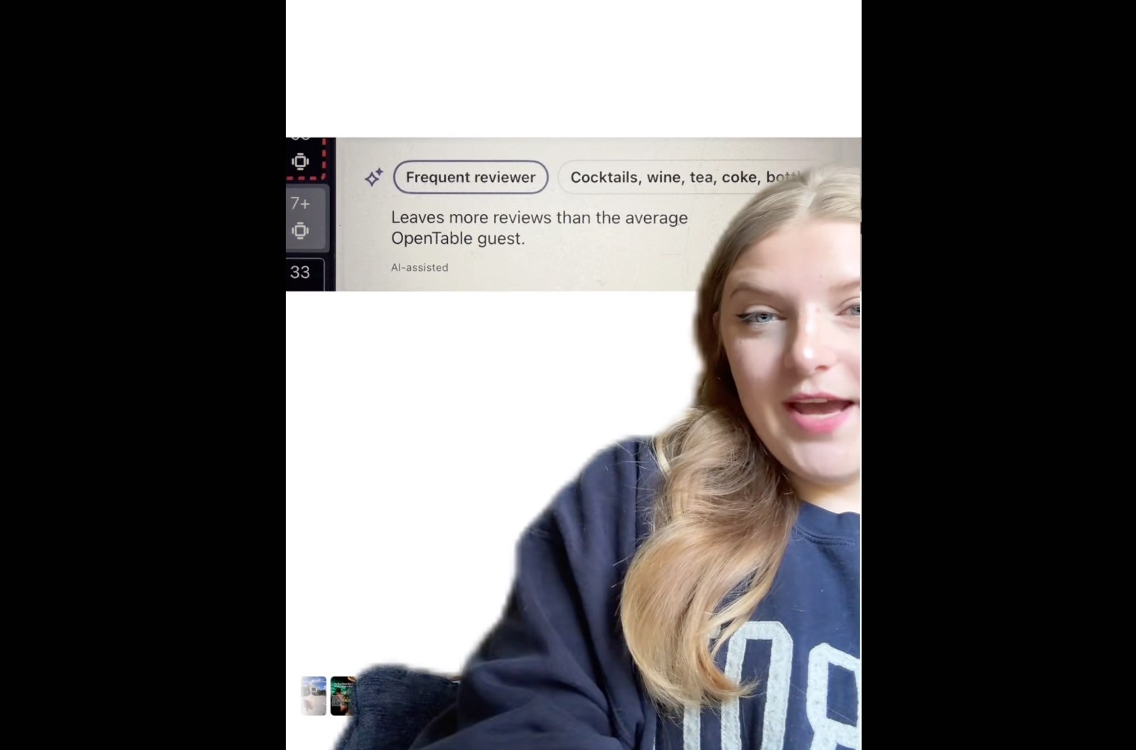 Screenshot of Eating Out Austin video from TikTok showing an OpenTable AI-assisted tag that someone is a frequent reviewer