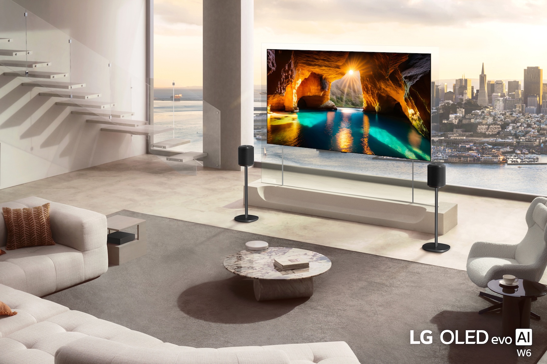 The LG OLED evo W6 Wallpaper TV in a modern living room, in front of a large glass window overlooking a city skyline.