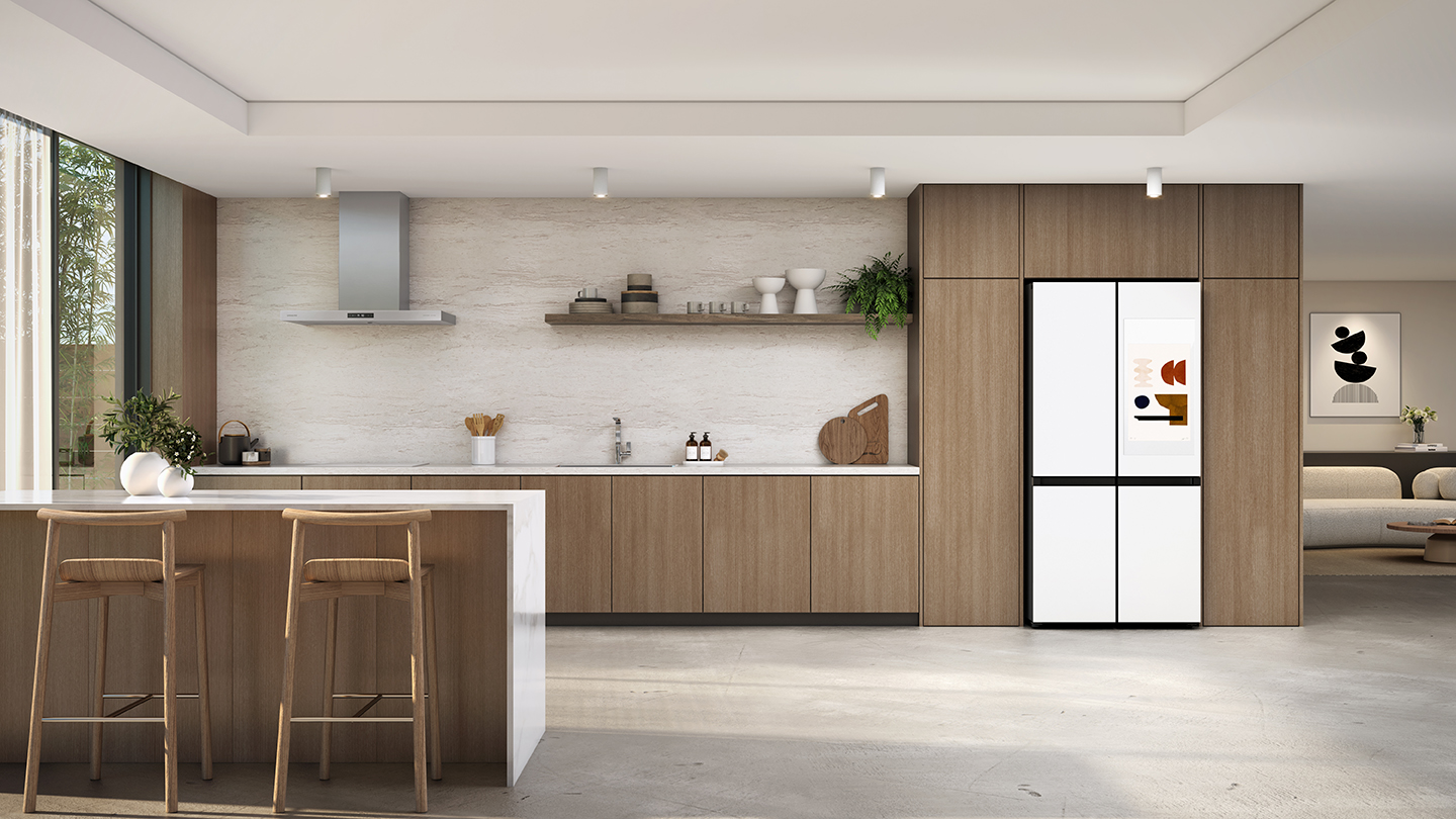 A stylish kitchen featuring a white Samsung fridge.