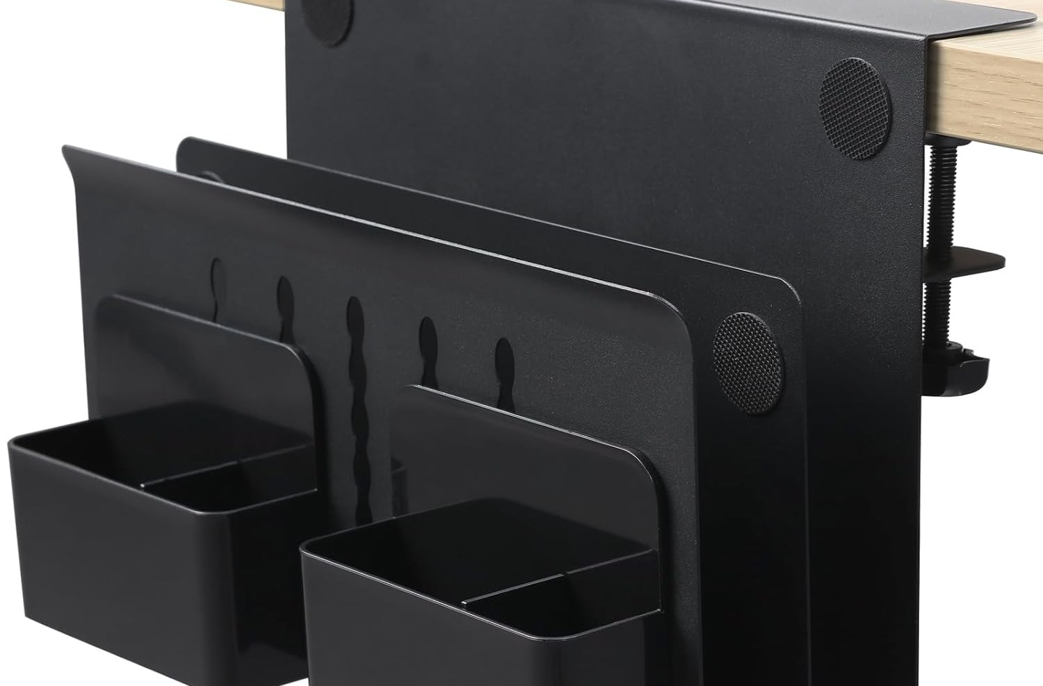 Black holder for laptops and other things clamped to the side of a desk