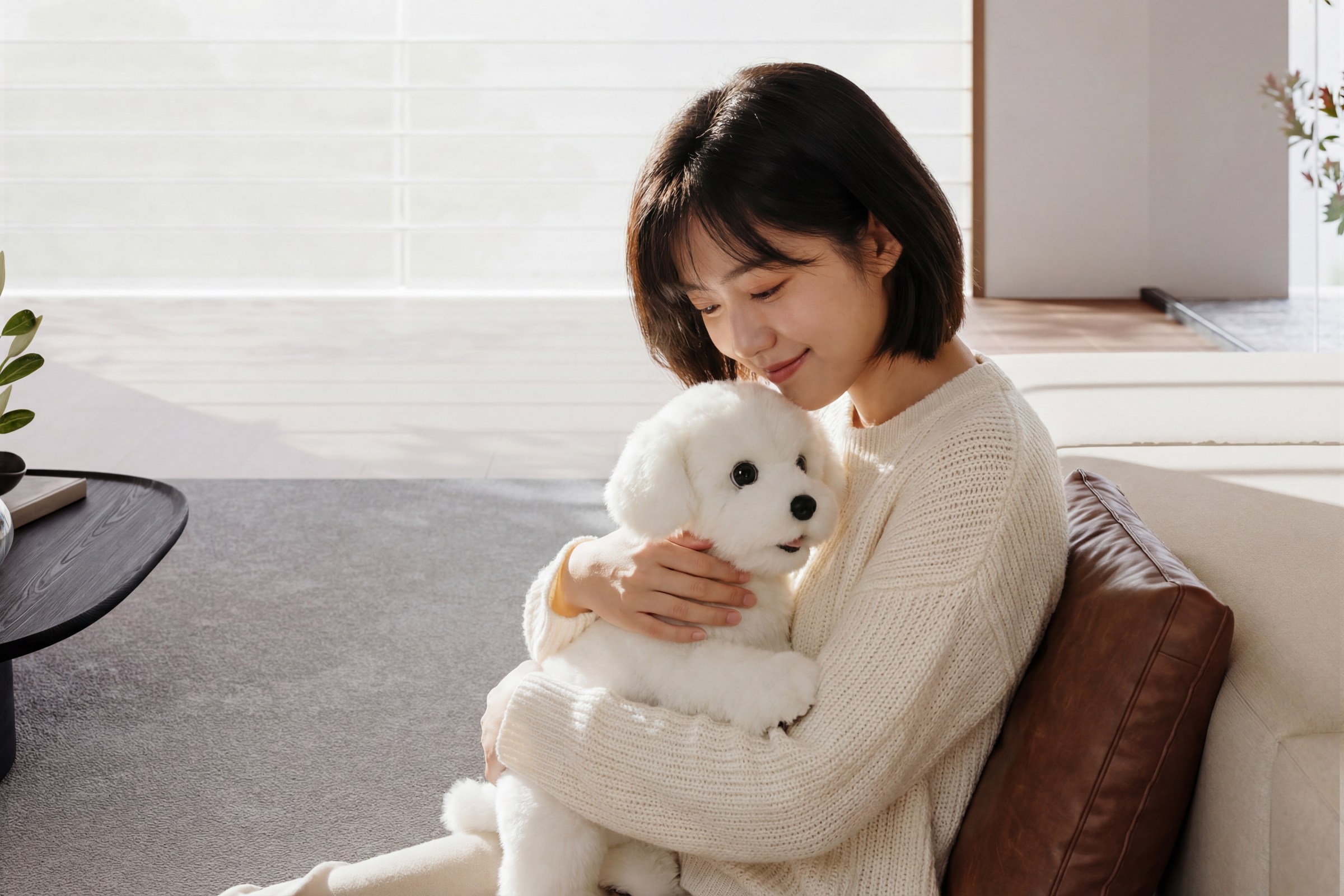 A woman on a sofa cuddling a white, fluffy robot dog.