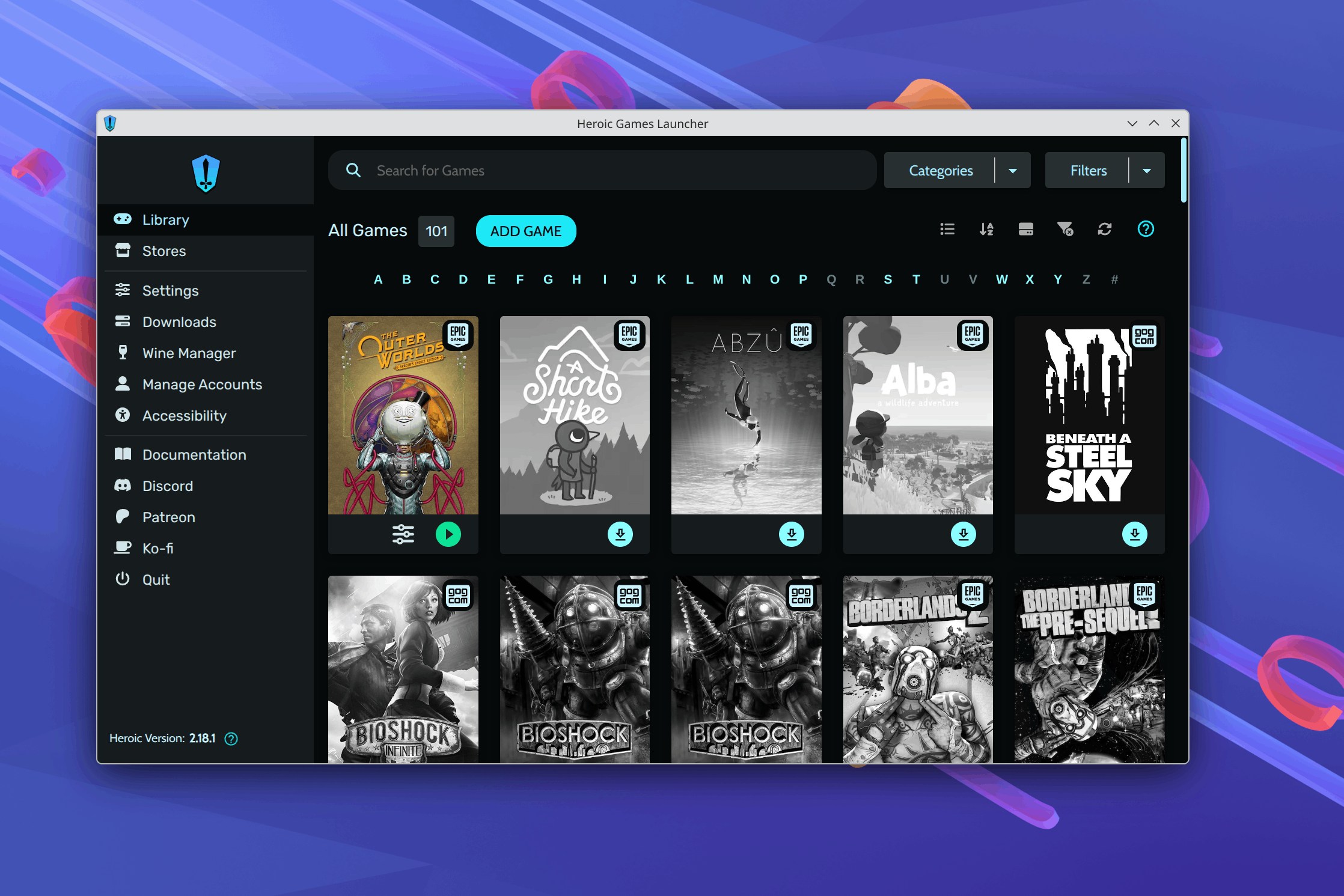 Screenshot of Heroic Games Launcher showing one downloaded game and 100 not downloaded games.