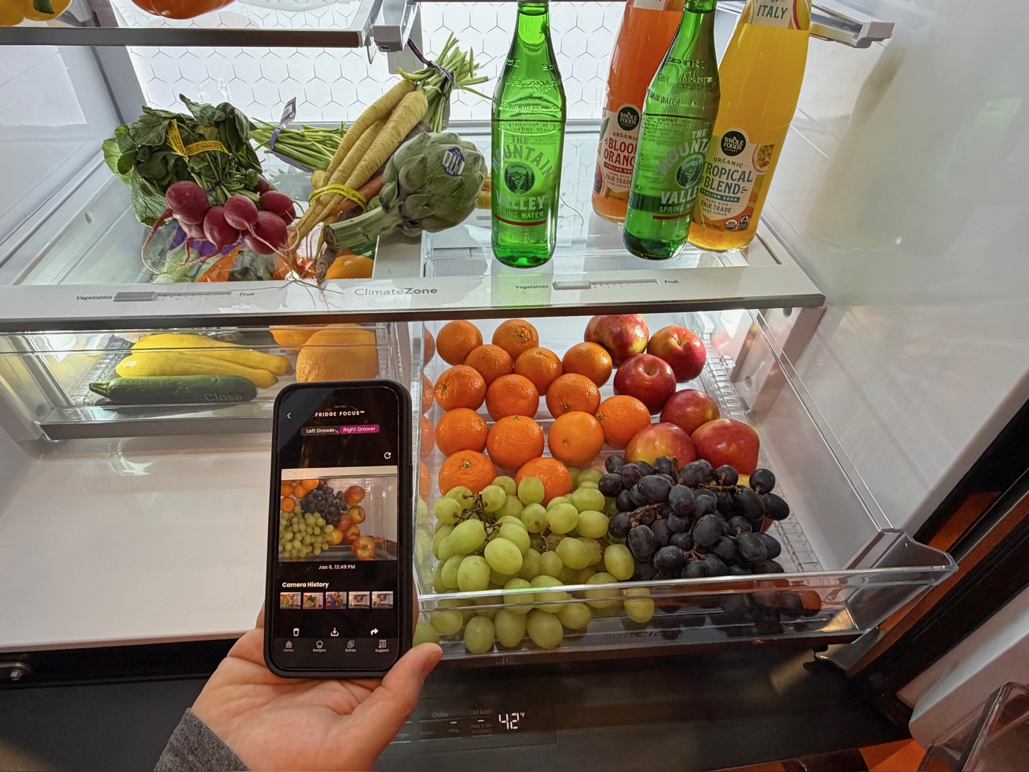 The fridge’s interior camera sends clear snapshots of the produce drawers’ contents.