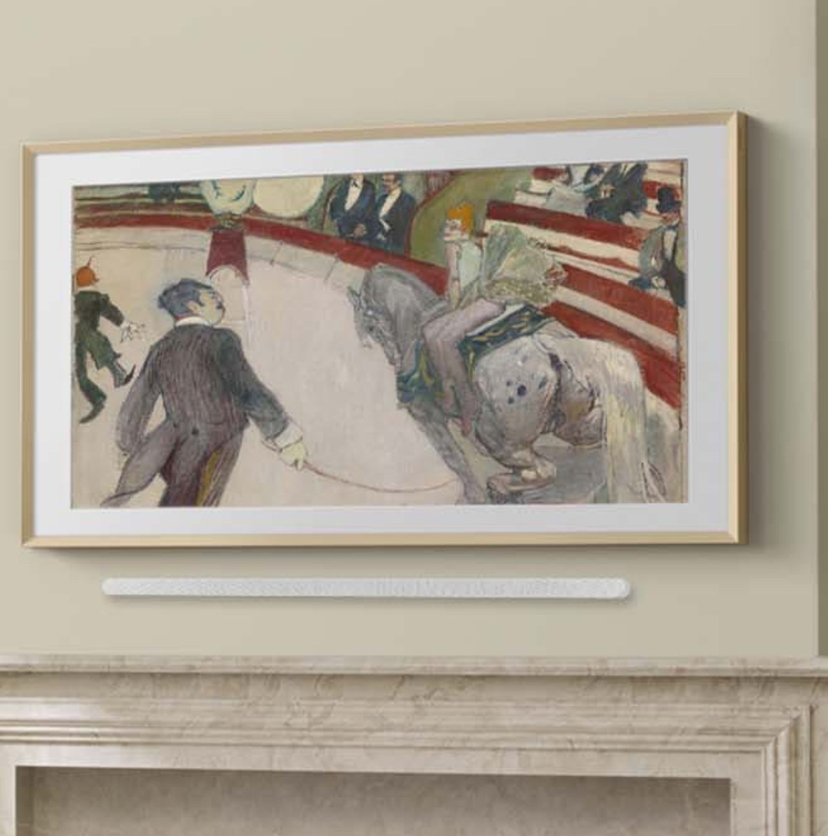 Samsung’s Frame Pro TV wall mounted above a fireplace with a soundbar.