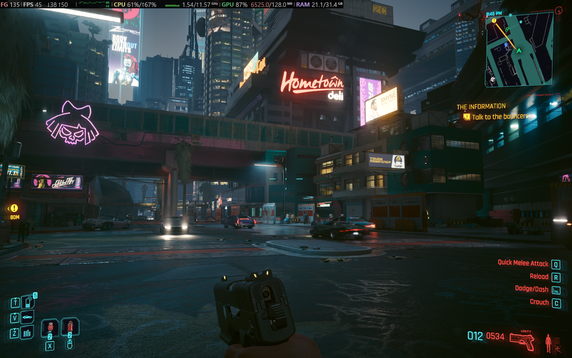 Cyberpunk 2077 running on its High preset in 1920 x 1200 resolution, with XeSS set to Quality and 3x frame generation. “Fake frames” are fine in my book for single-player games.