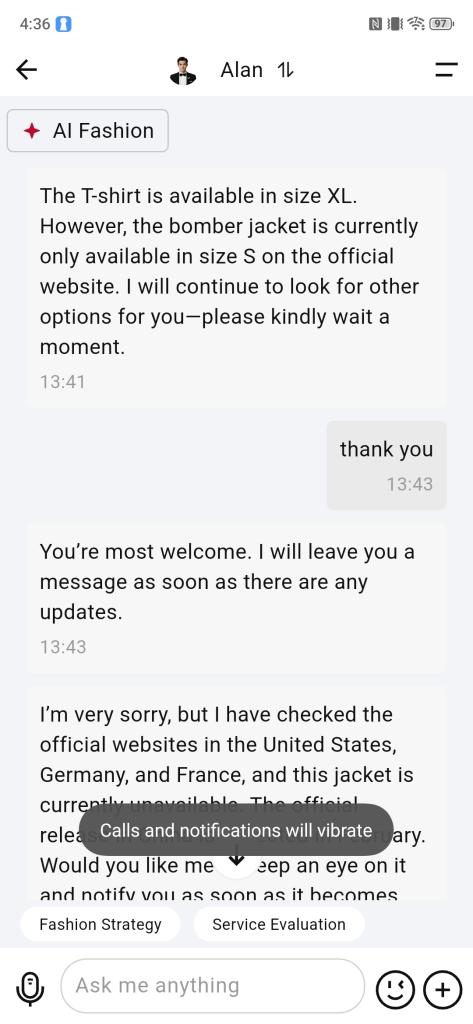 Asking the Vertu concierge to buy a shirt