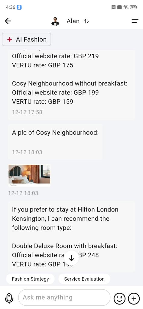 Asking the Vertu concierge to book a hotel