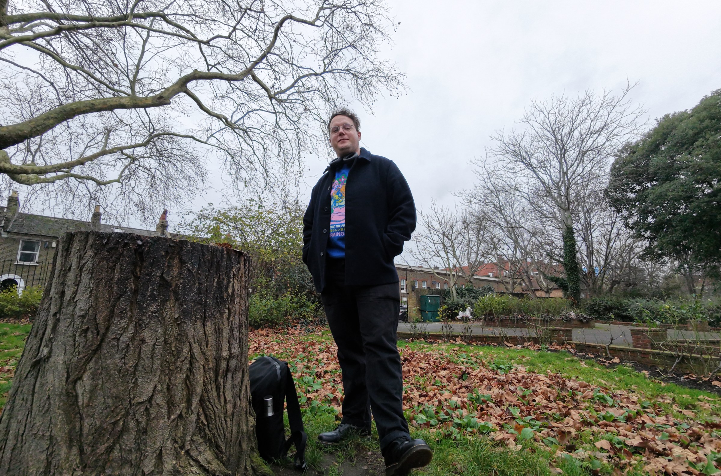 Low-angle selfie taken in a park with the DJI Neo 2