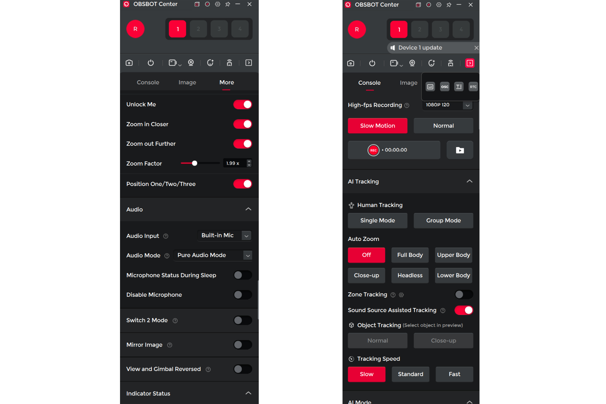 An image showing what the Obsbot Center software looks like. It’s packed full of features, and not particularly well designed to help the user easily figure out how to navigate marquee features.