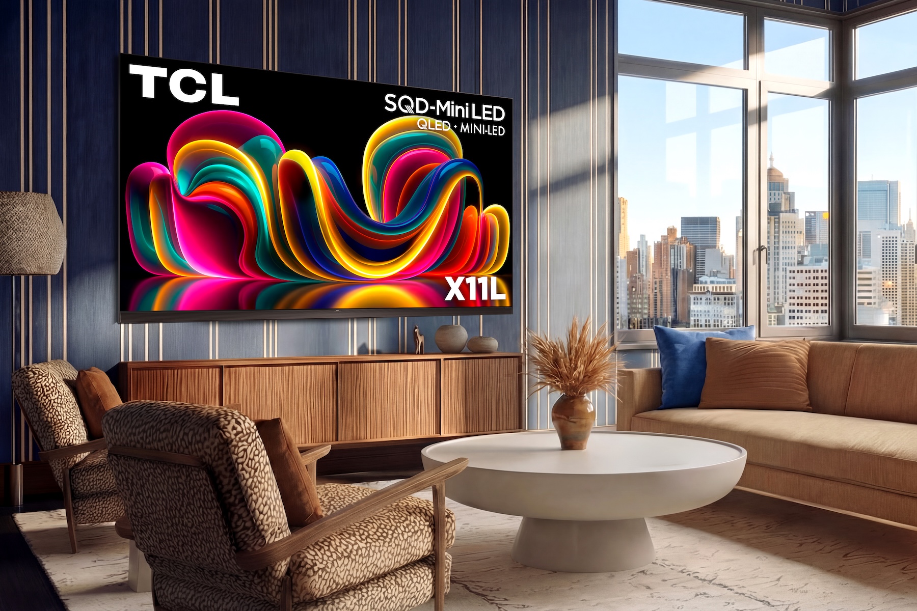 The TCL X11L TV in a modernly furnished room with windows overlooking a city skyline.