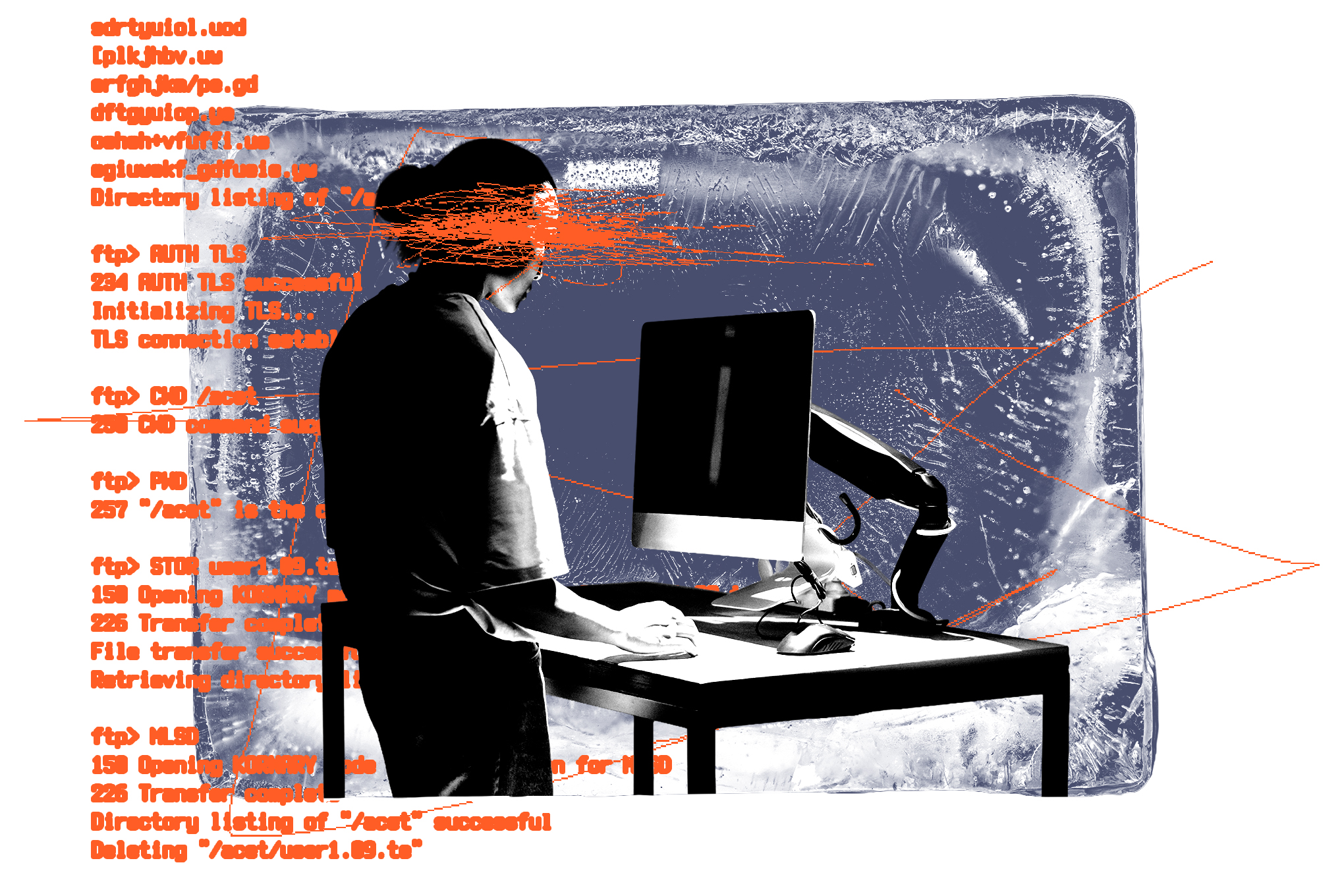 Worker at a standing desk inside of a block of ice with command line code and scribbly lines. 