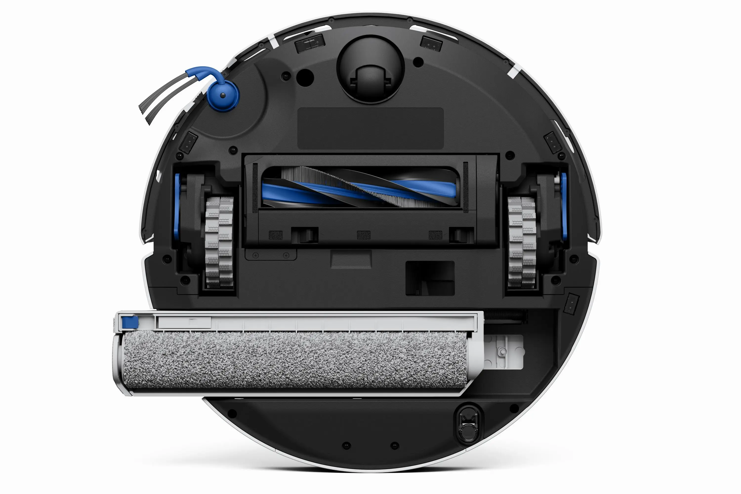 The underside of a robot vacuum cleaner with a wide mop roller