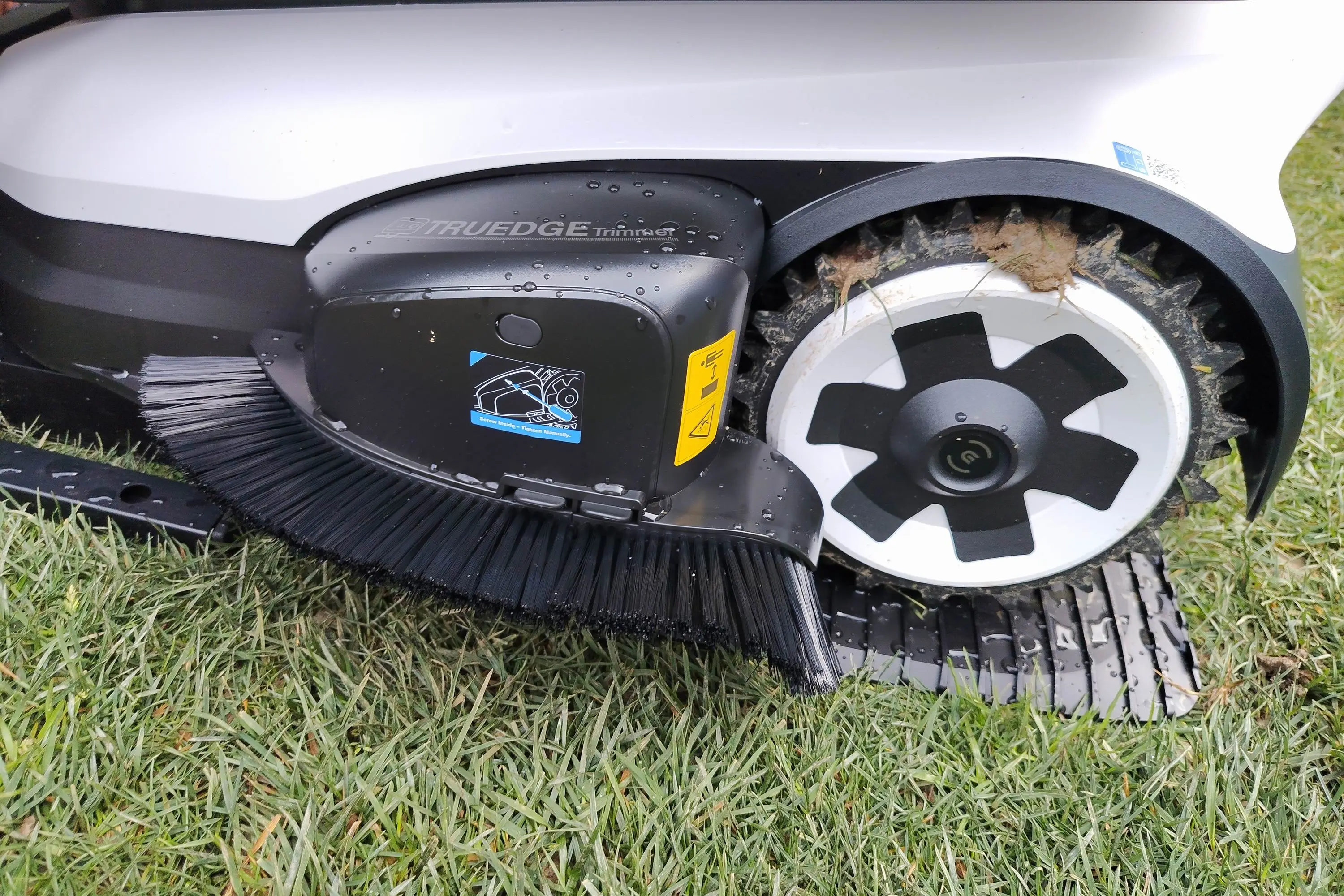 The side of a robot lawnmower
