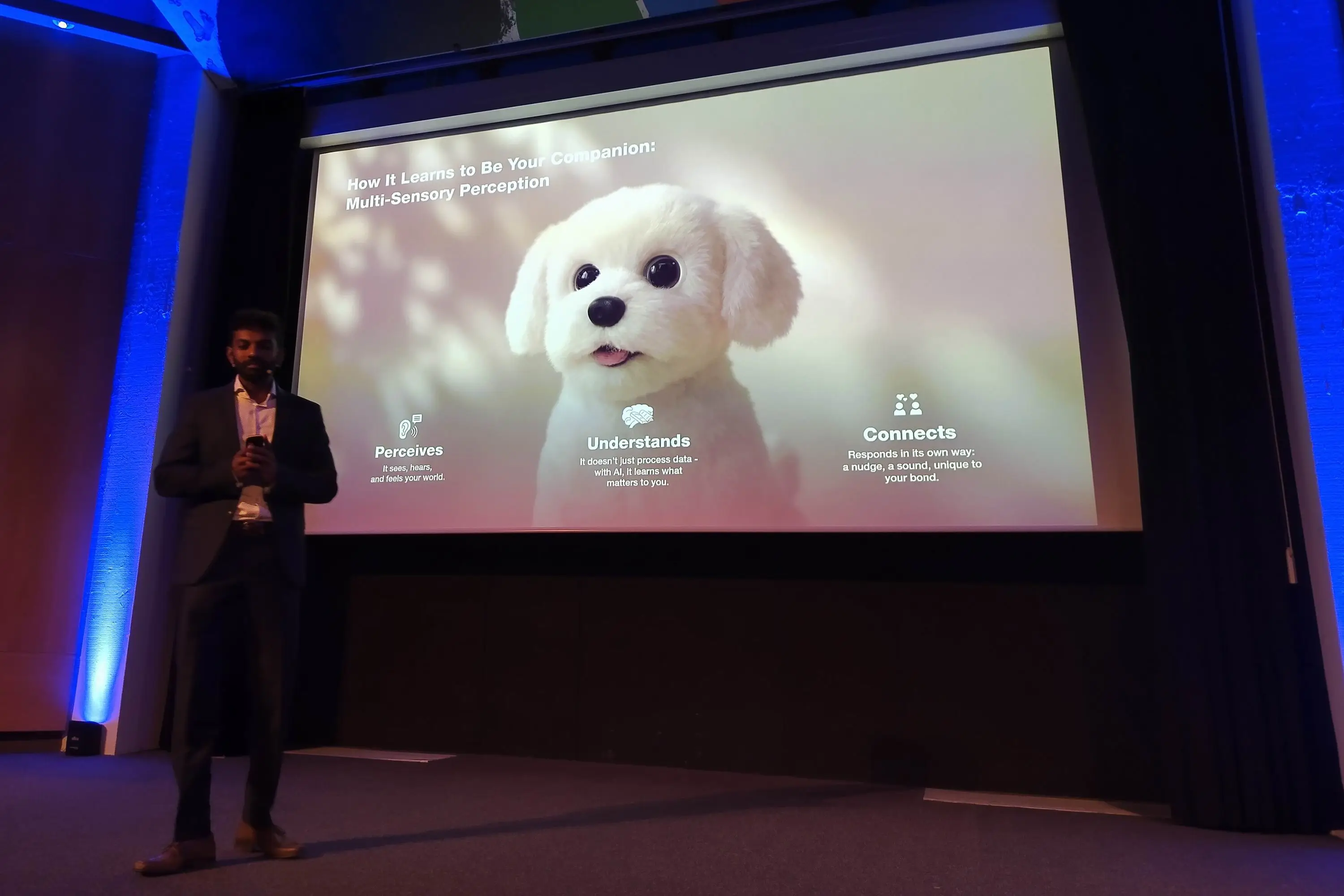 A picture of a robot dog on a big screen