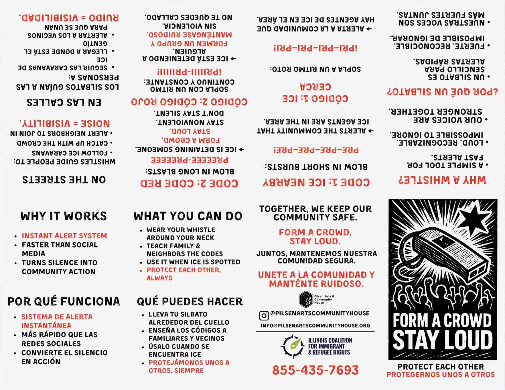 Pilsen Arts’ Form a Crowd, Stay Loud teaches the Whistle Code: Blow in short bursts if you see ICE nearby; blow long blasts if they’re detaining someone. Cofounder Teresa Magaña tells us her zine is now distributed in 25 states and was directly inspired by this video from comedian Marquez Acuna.