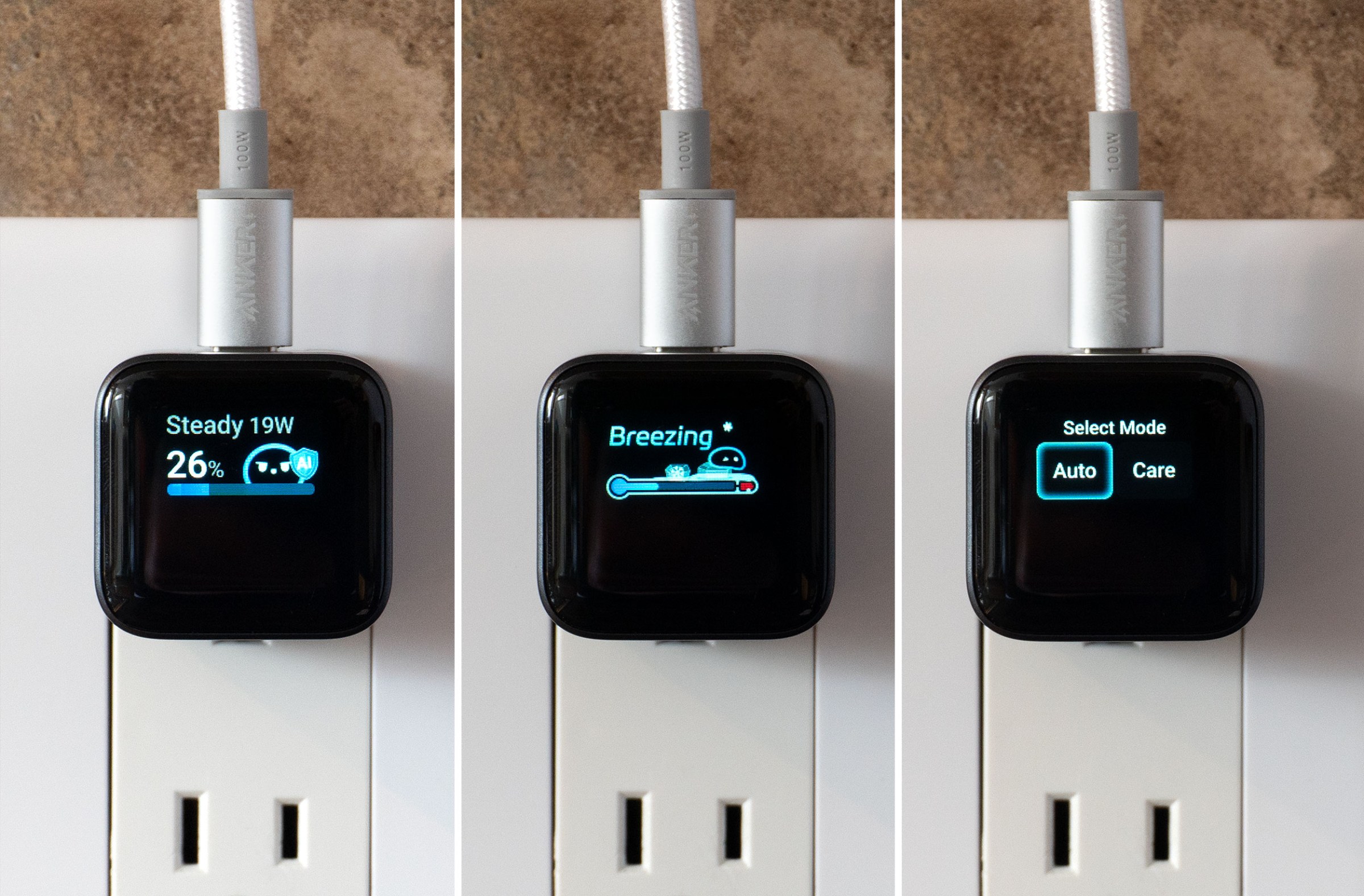 Three images of the Anker Nano charger plugged into a wall outlet showing the different screens that can be cycled.