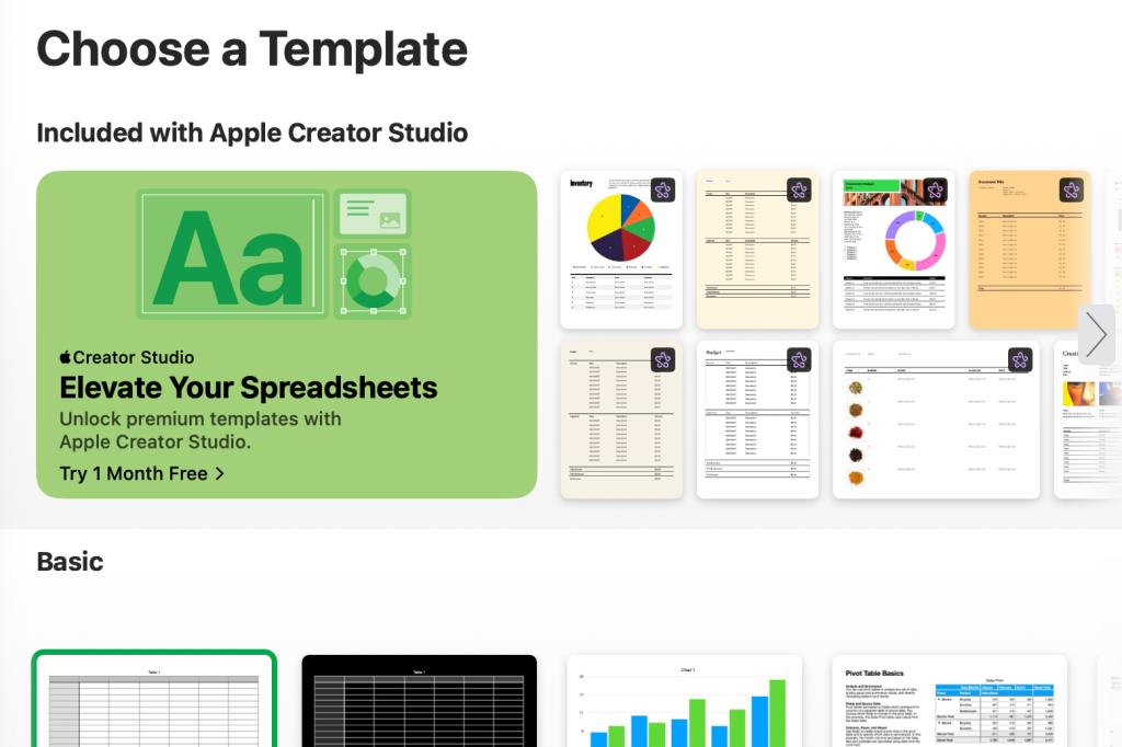 iWork Numbers choose a template with Creator Studio upsell