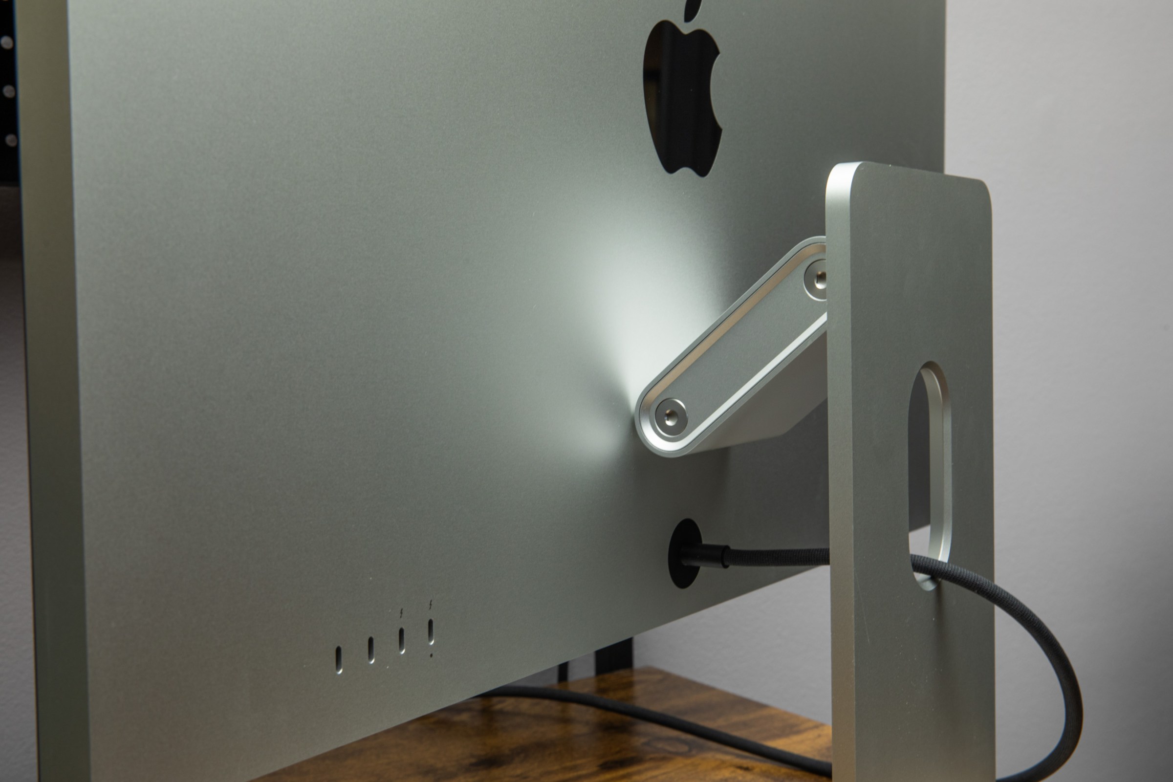 A closeup of the Apple Studio Display XDR adjustable stand in its lowest position.