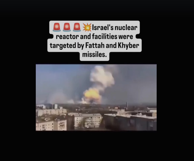 A screenshot showing an explosion at a Ukranian ammunitions depot in 2017. The video captions falsely claim the explosion took place at an Israeli nuclear facility. 
