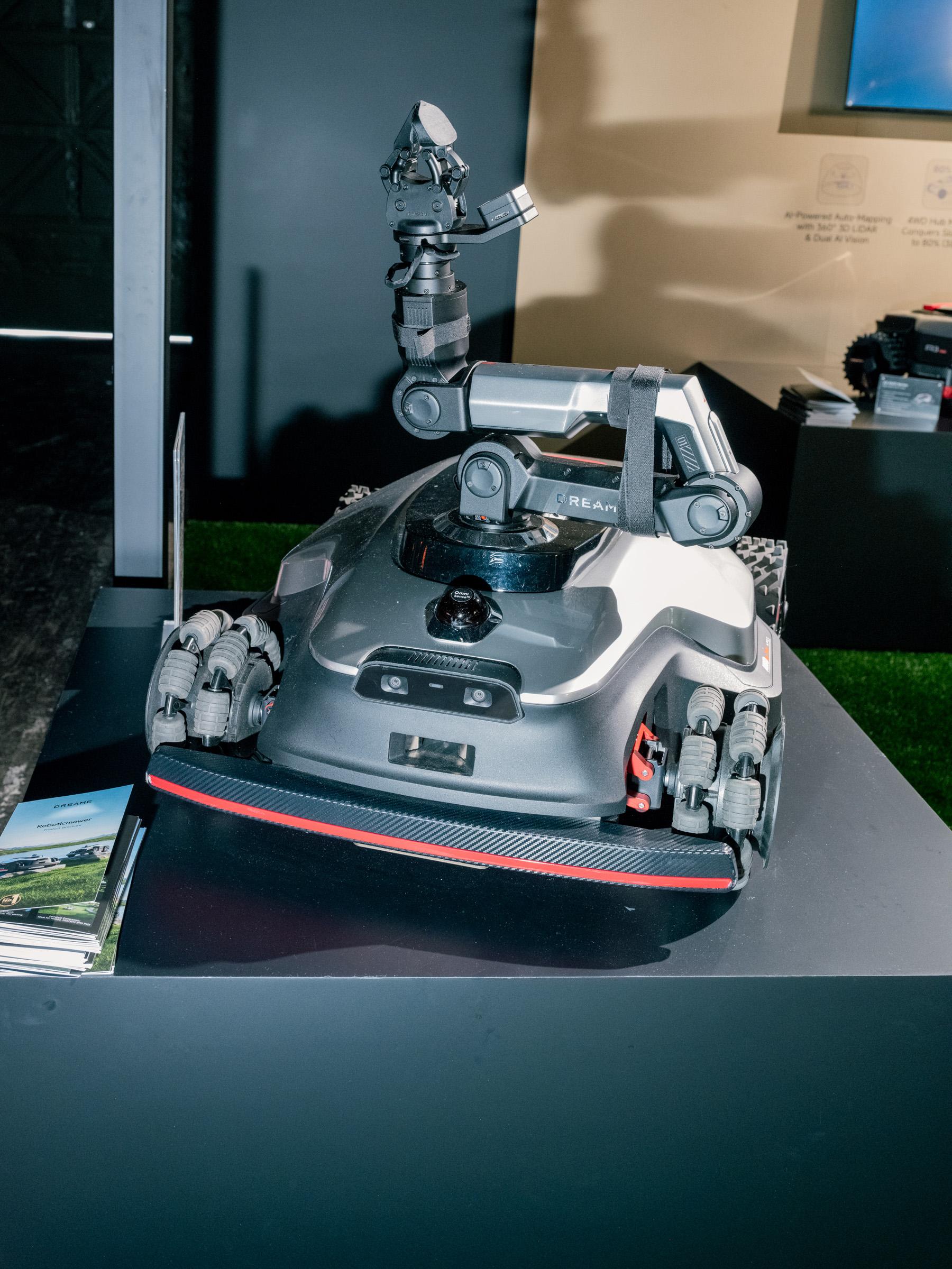 A Robot lawnmower with robotic arm at the Dreame NEXT event during the Silicon Valley Summit at the Palace of Fine Arts on April 29, 2026 in San Francisco, CA.