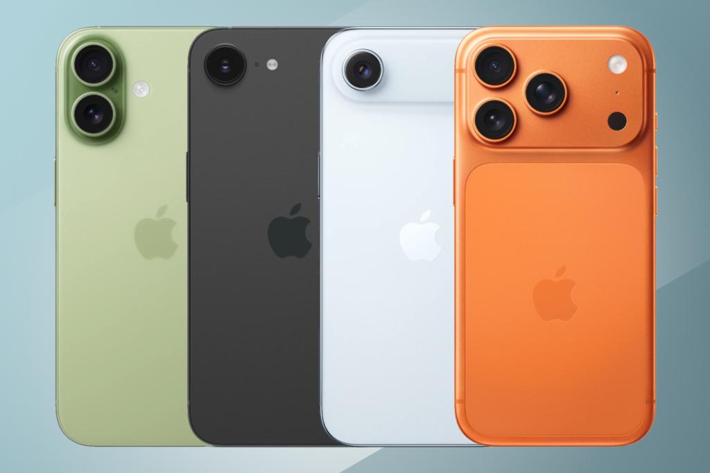 Collection of iPhones on blue background