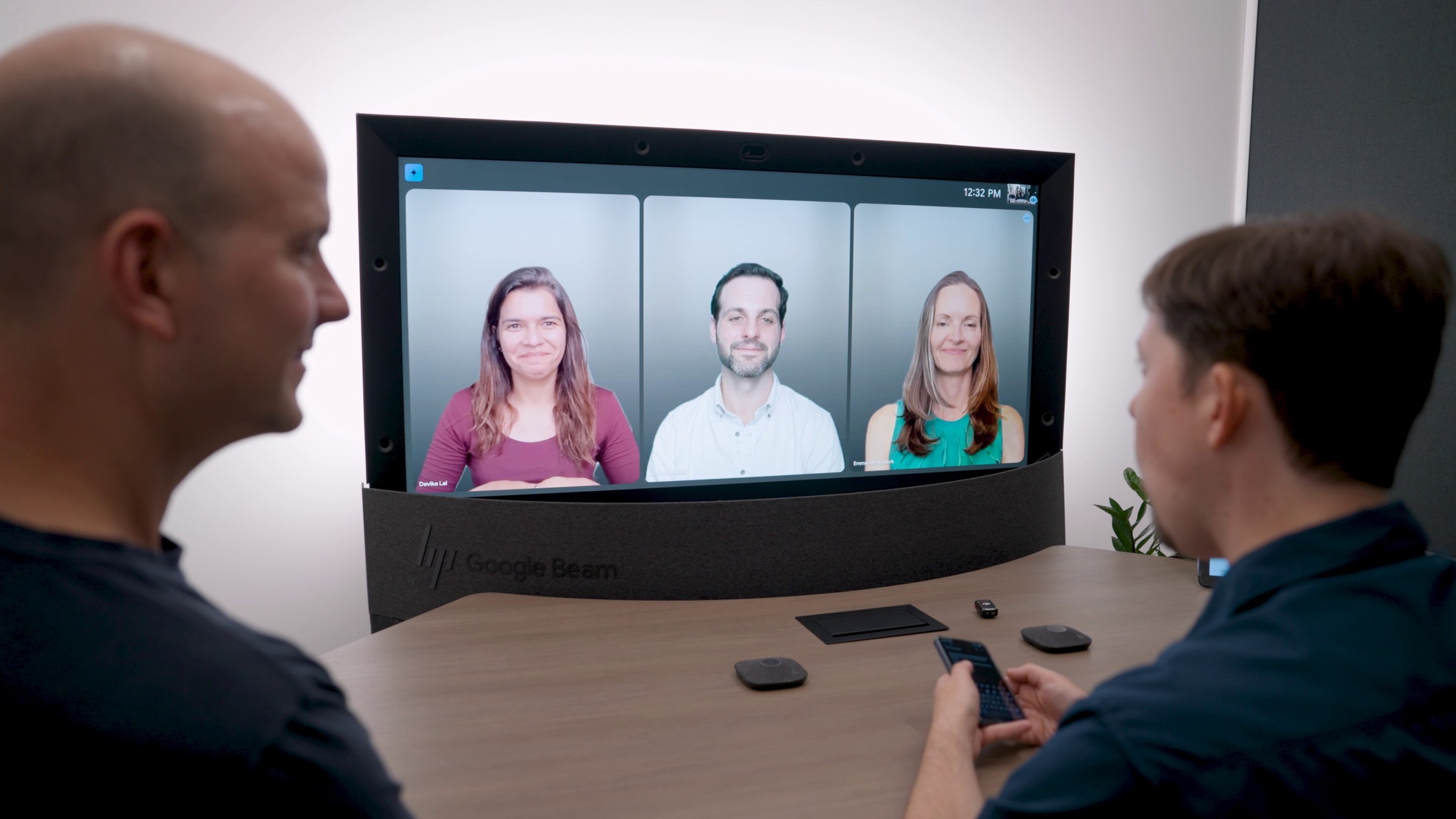 Google Labs’ Devika Lal (product manager on groups), Nick Garoufalis, and Emma van Niekerk beam in for a group call.