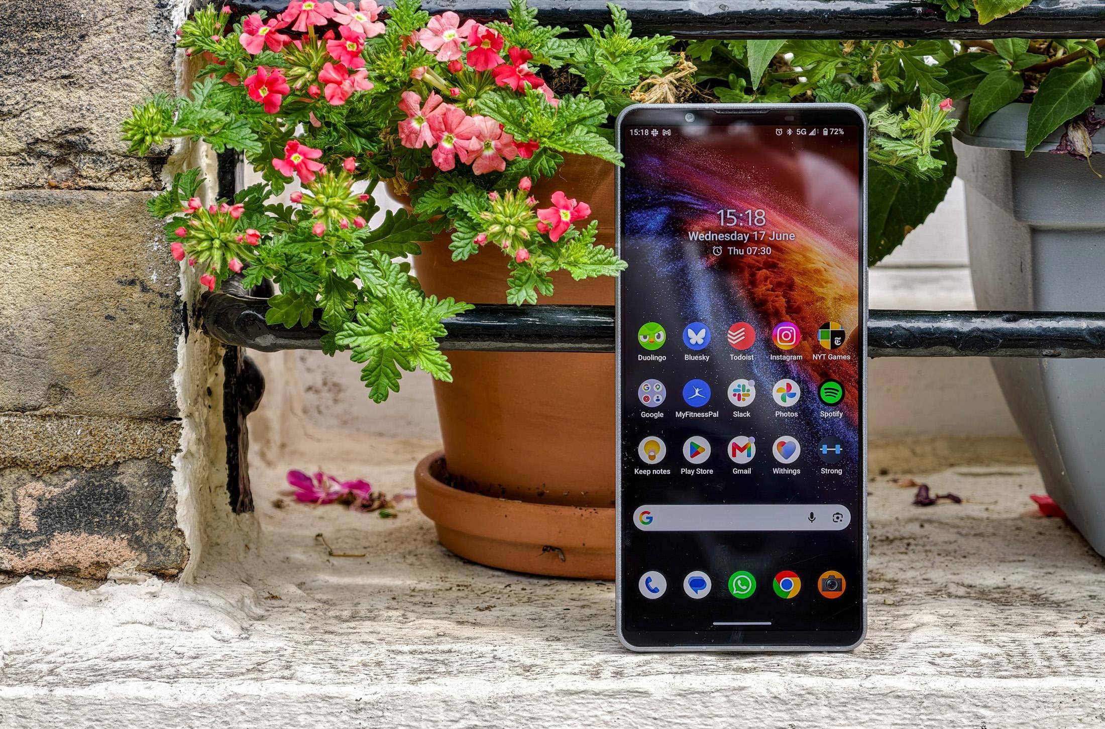 Photo of the Sony Xperia 1 VIII sitting on a windowsill in front of flowers, showing the home screen