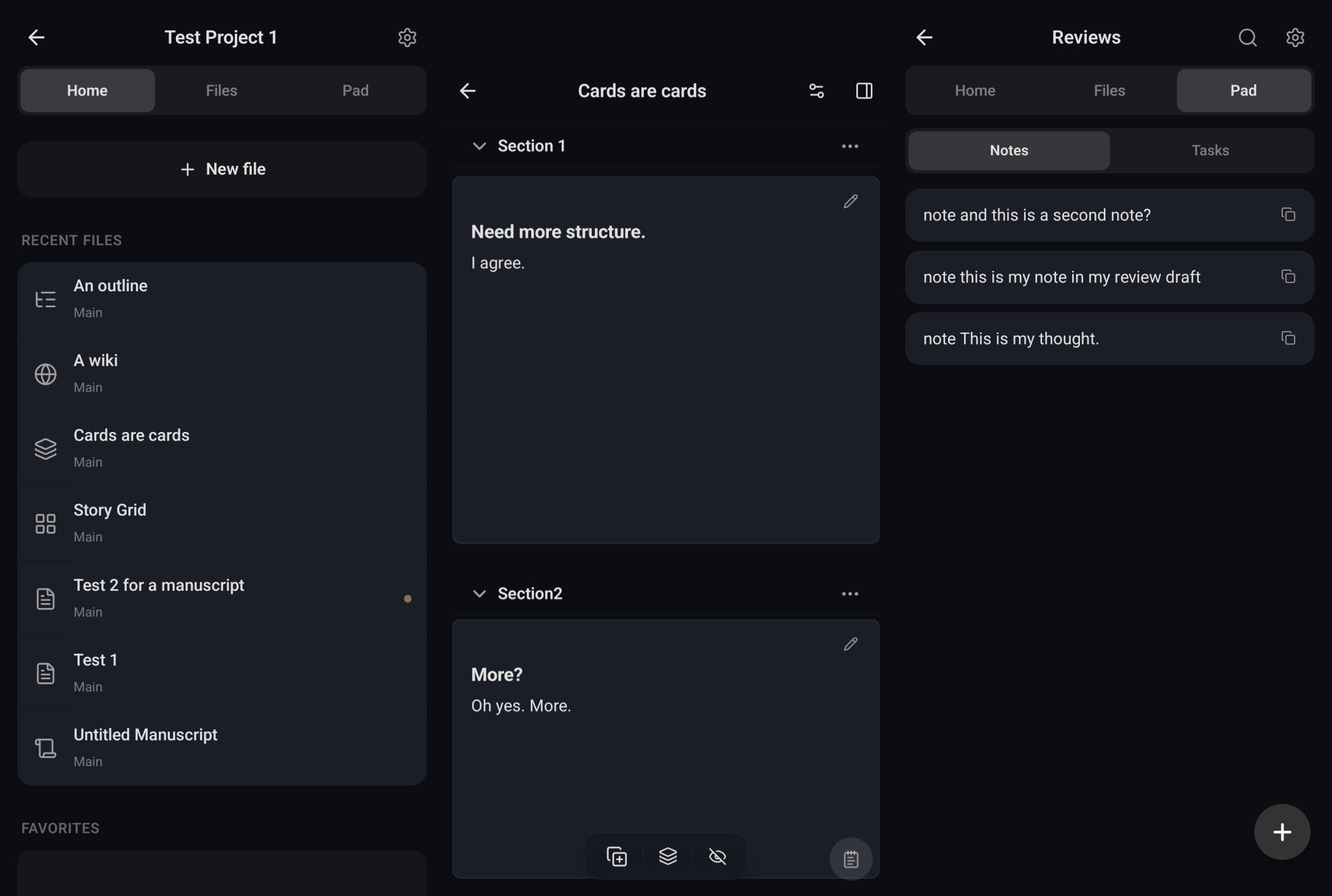 Three screenshots showing the BYOK Studio app. One of the various format types (outline, wiki, cards, story grid, manuscript, and text), one of the cards interface, and one of the notes section.