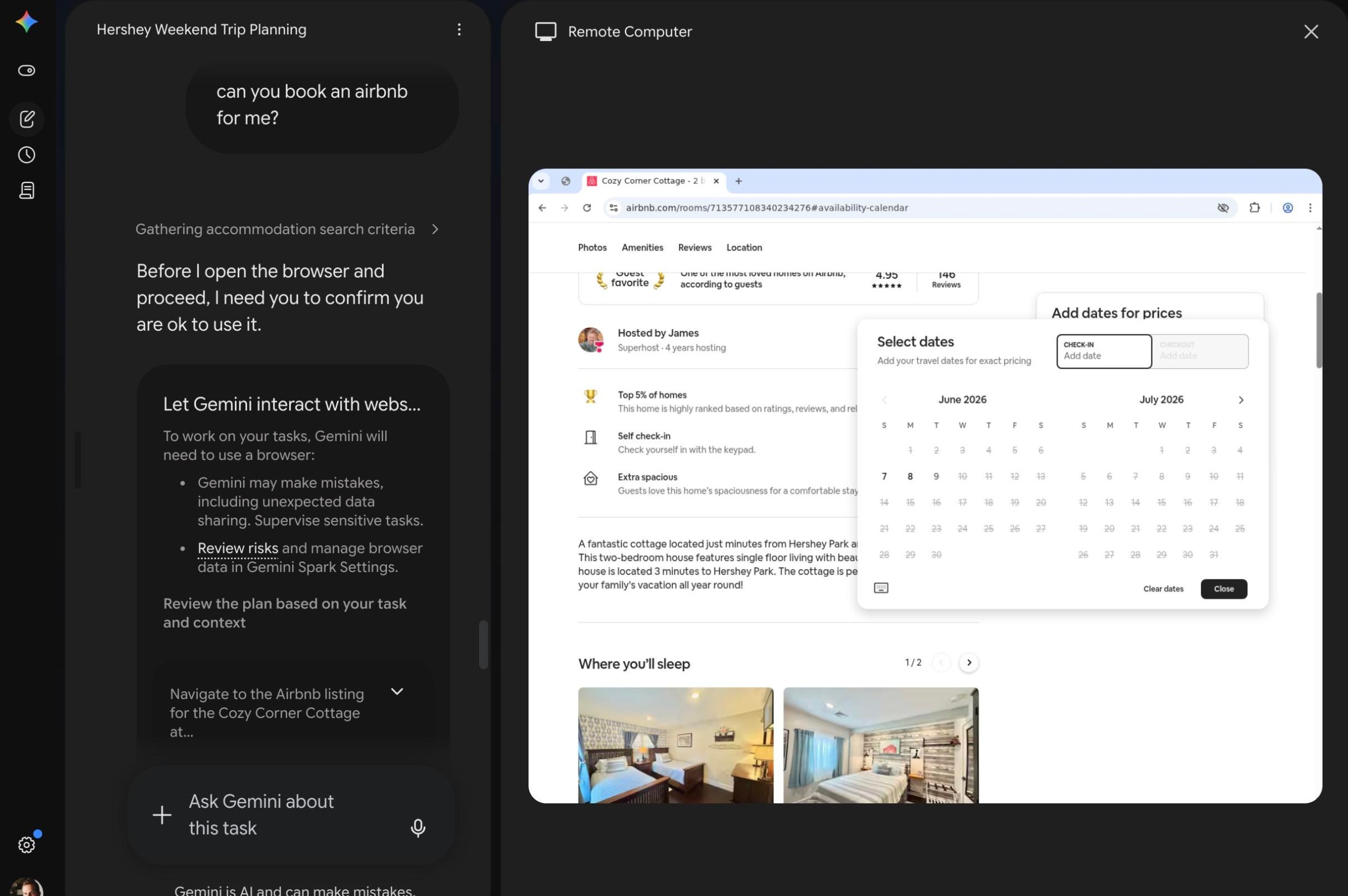 A screenshot showing Google Spark attempting to book an Airbnb.