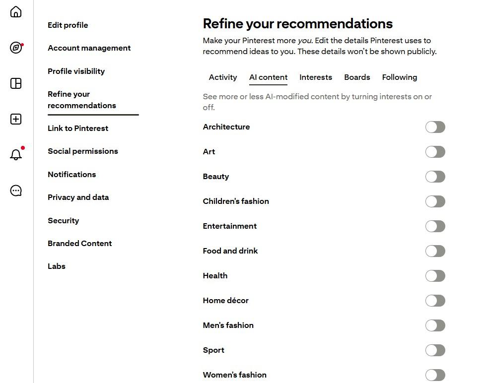 A screenshot of the recommendation refinement options in Pinterest’s user settings.