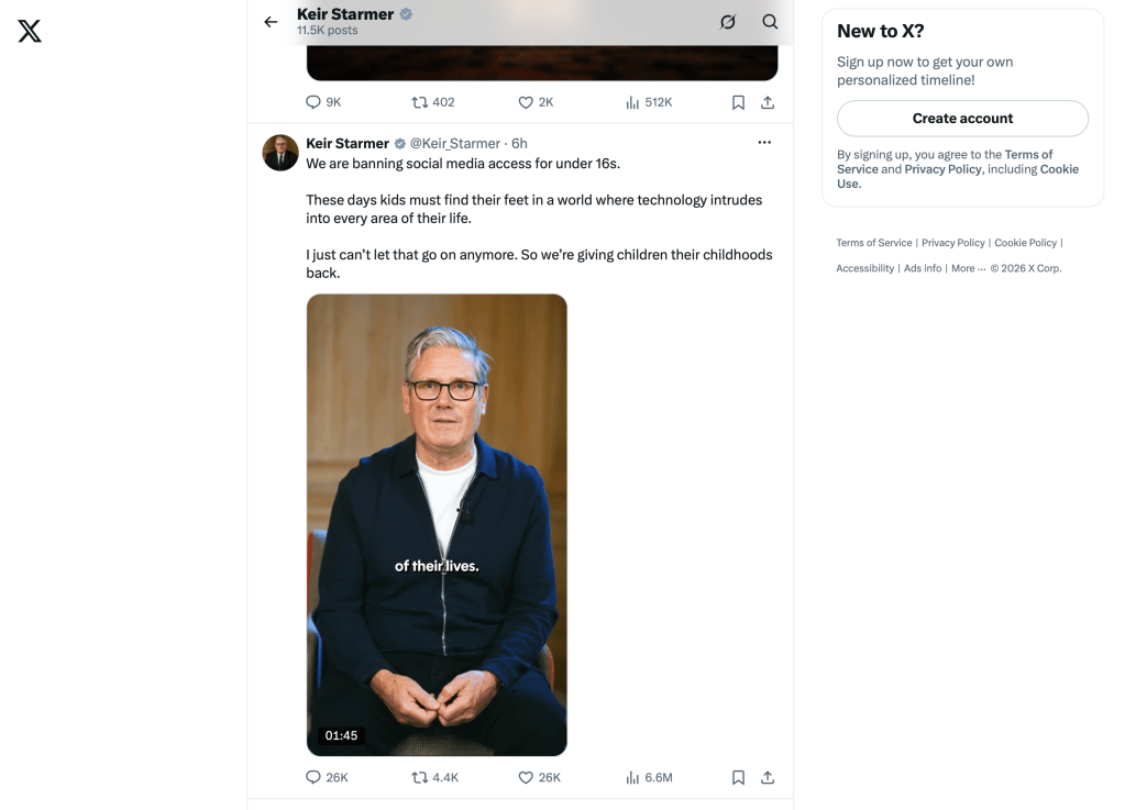 Starmer on X telling about social media ban