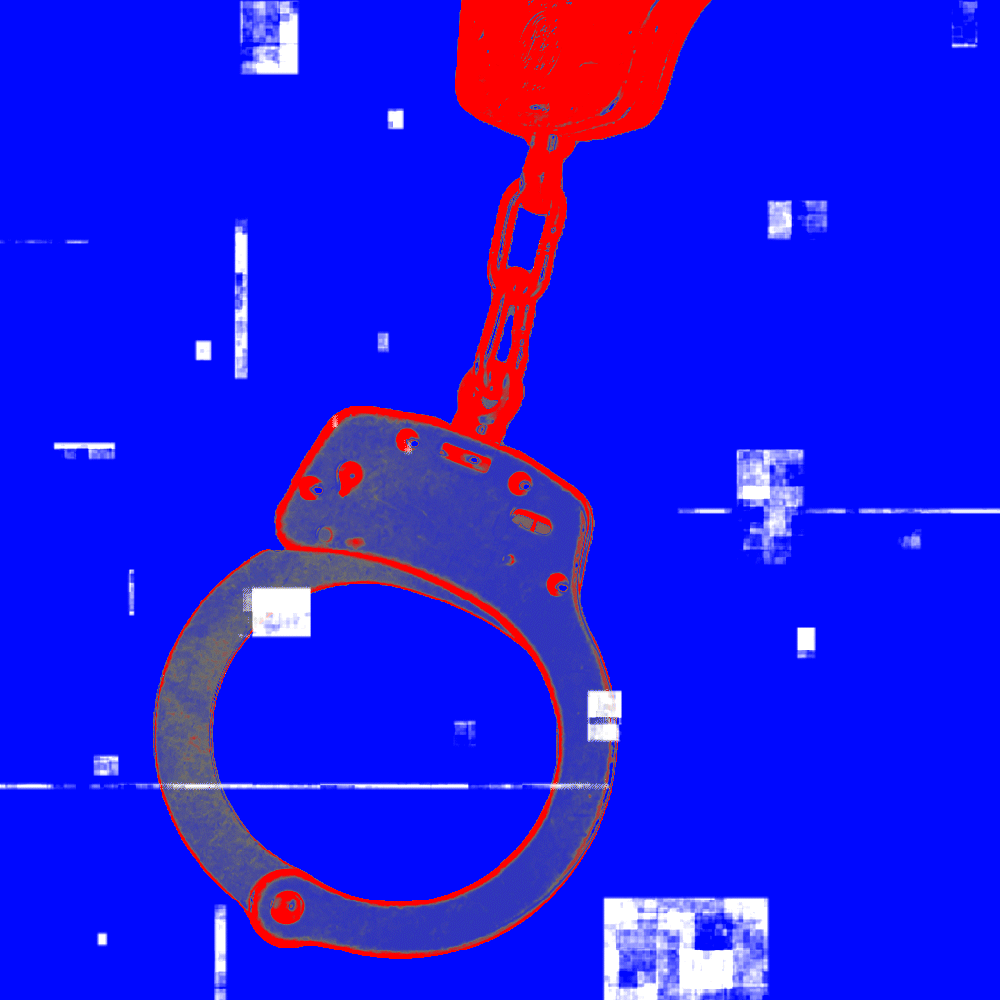 Glitchy looping video of a pair of handcuffs swinging. 