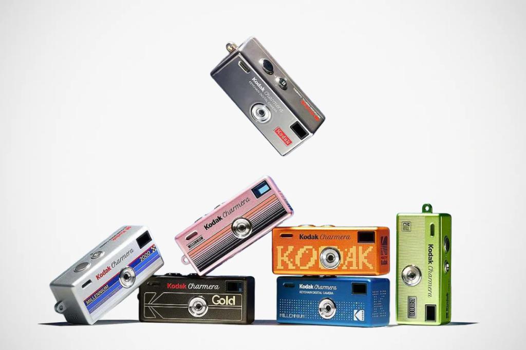 All seven designs of the Kodak Charmera Millennium camera on a grey background