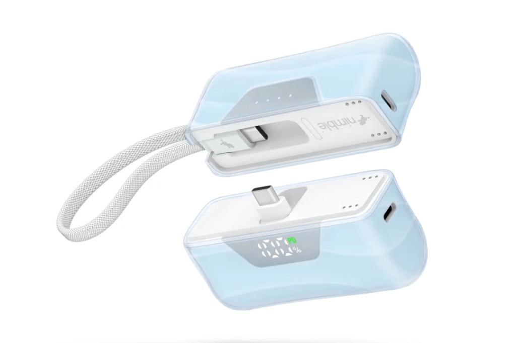 A light blue Nimble Sharepower portable charger on a white background