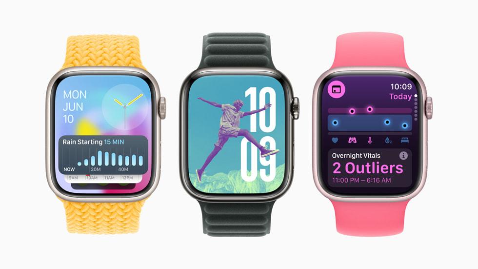Three Apple Watches running WatchOS 11