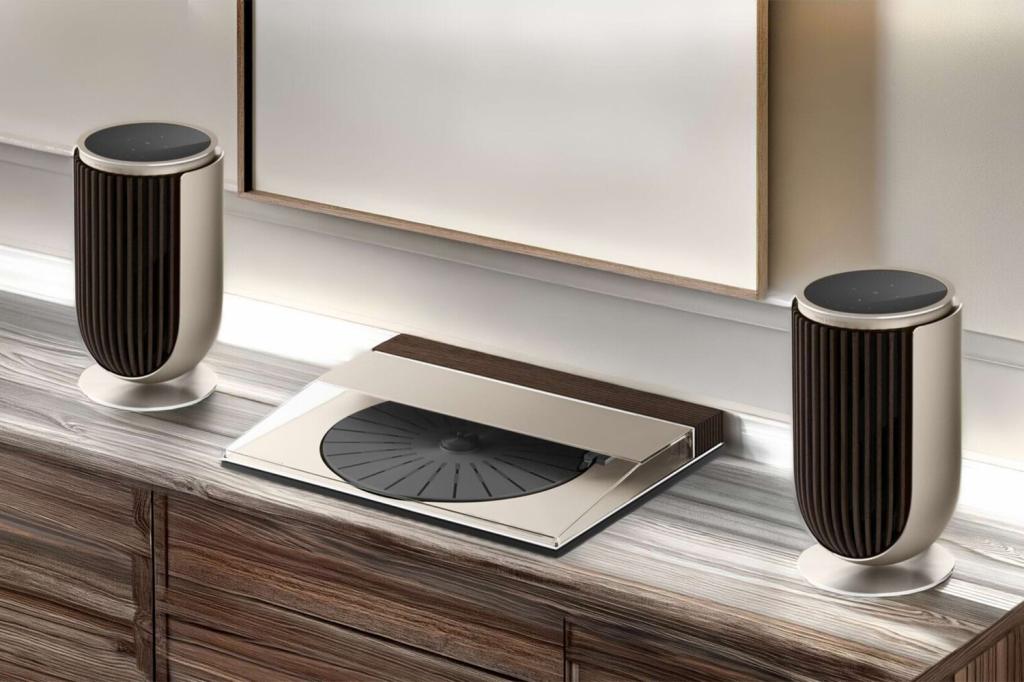 A Bang & Olufsen Beosystem 3000c Dune Grey Edition on a wooden sideboard