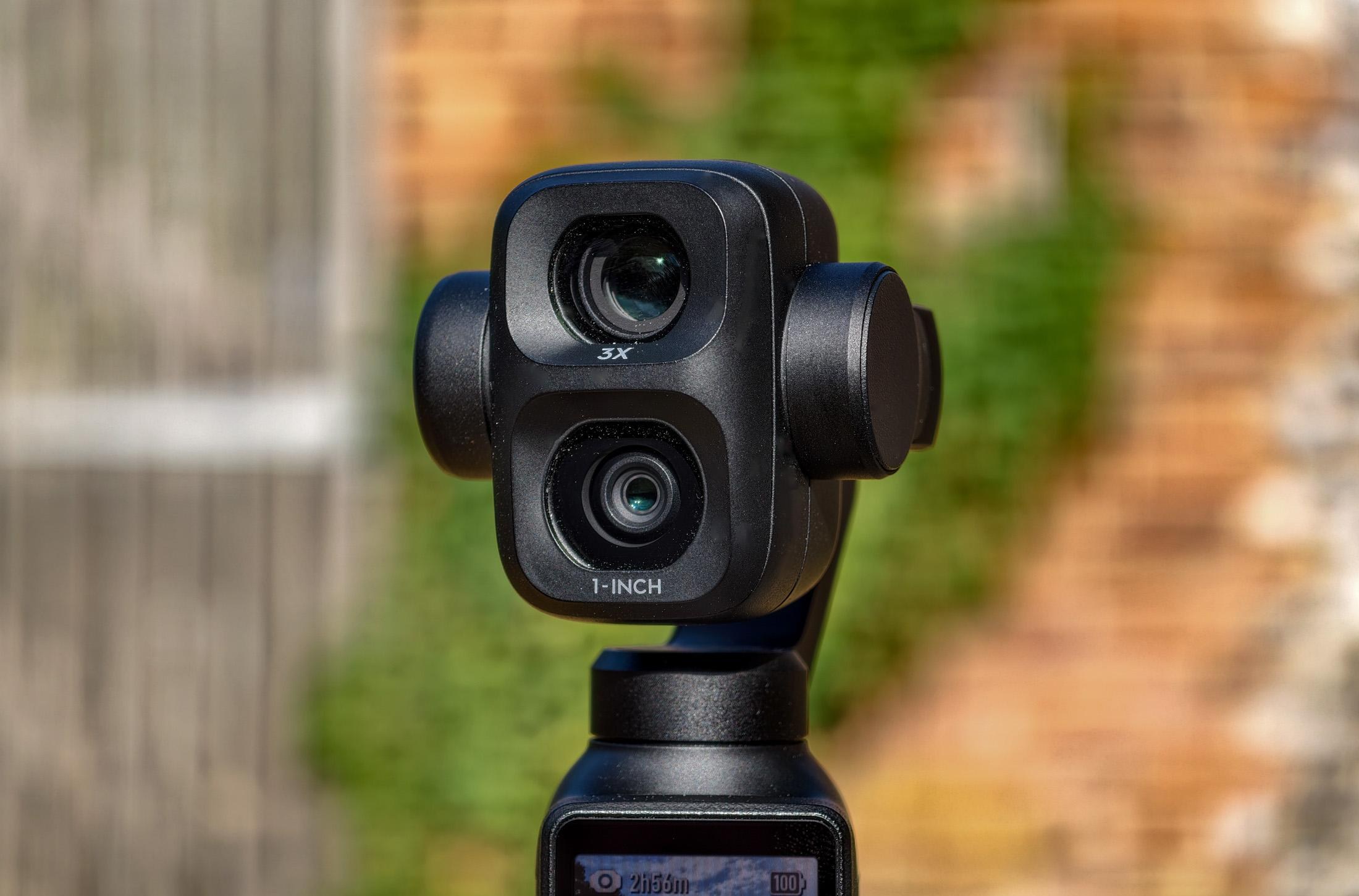 Photo of DJI Osmo Pocket 4P with a close-up on the two camera lenses.