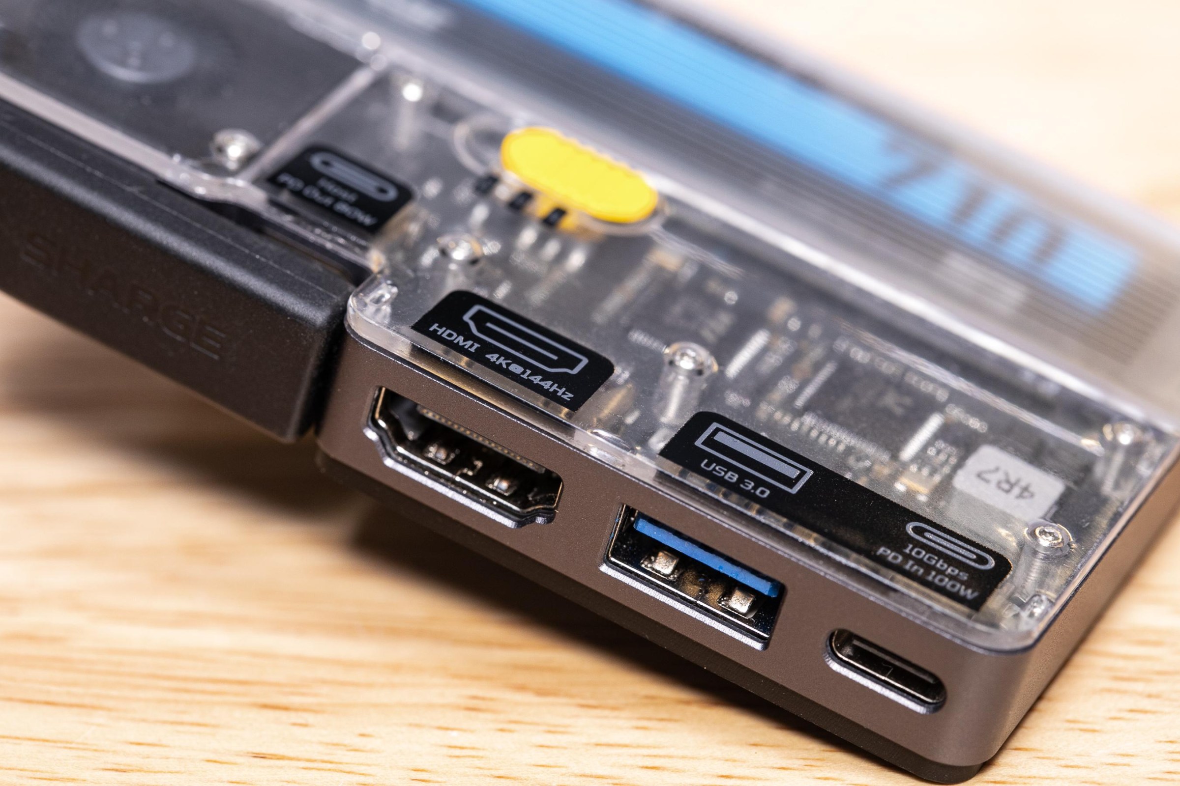 The main HDMI, USB-A, and USB-C charger port are all on one edge.