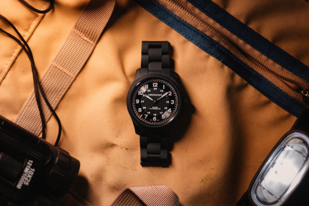 Hamilton adventure watch on a backpack
