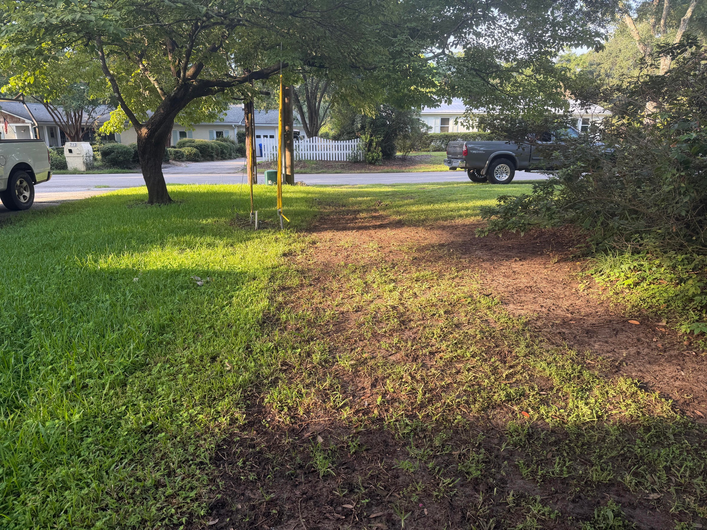 <em>After a few days, the Mammotion had torn up most of this section of damper-than-normal lawn next to my neighbors’ yard. </em>