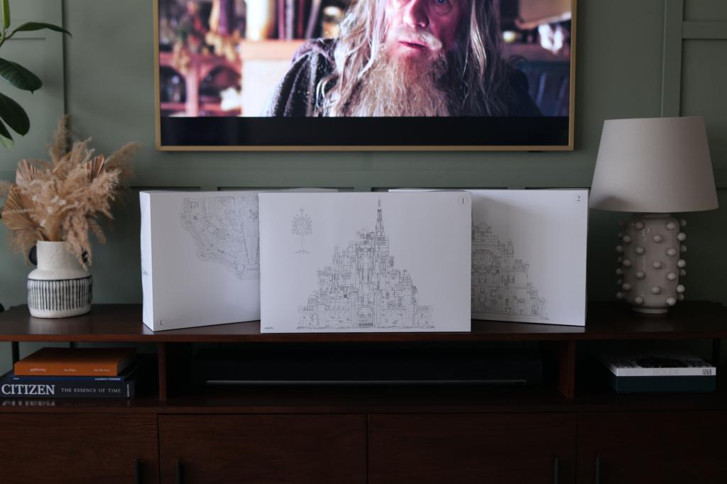 Lego Minias Tirith boxes in front of television