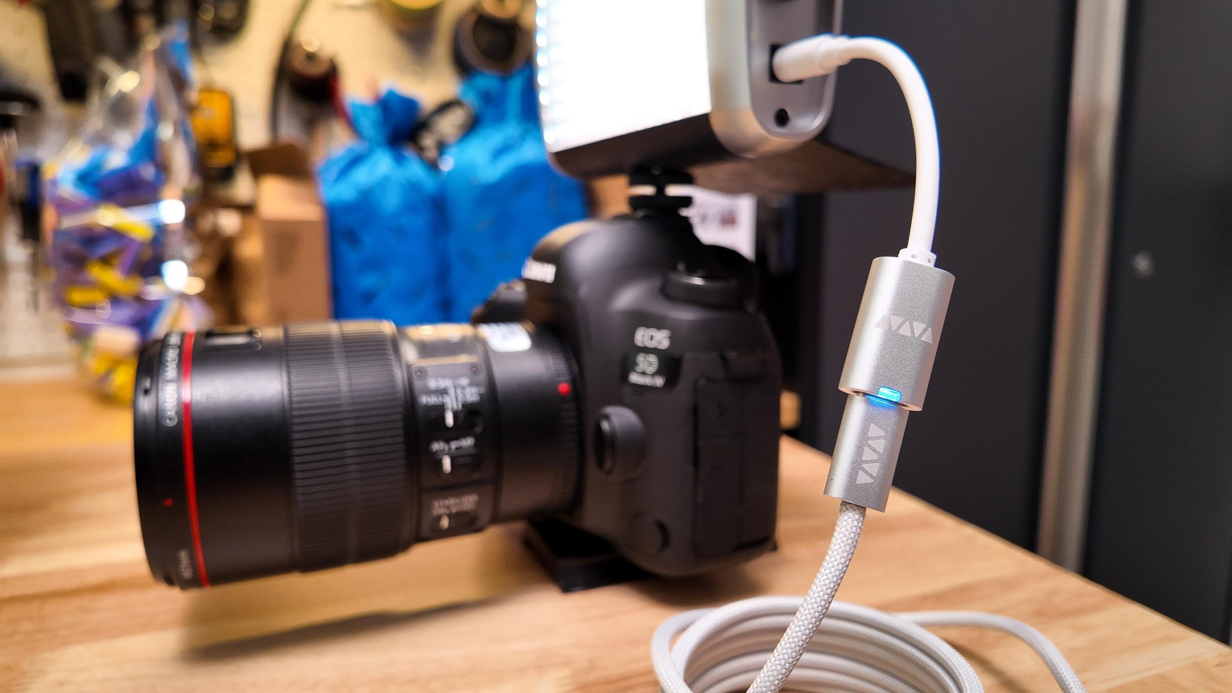 This Litepanels Croma takes six AAs, but it also has a barrel jack…