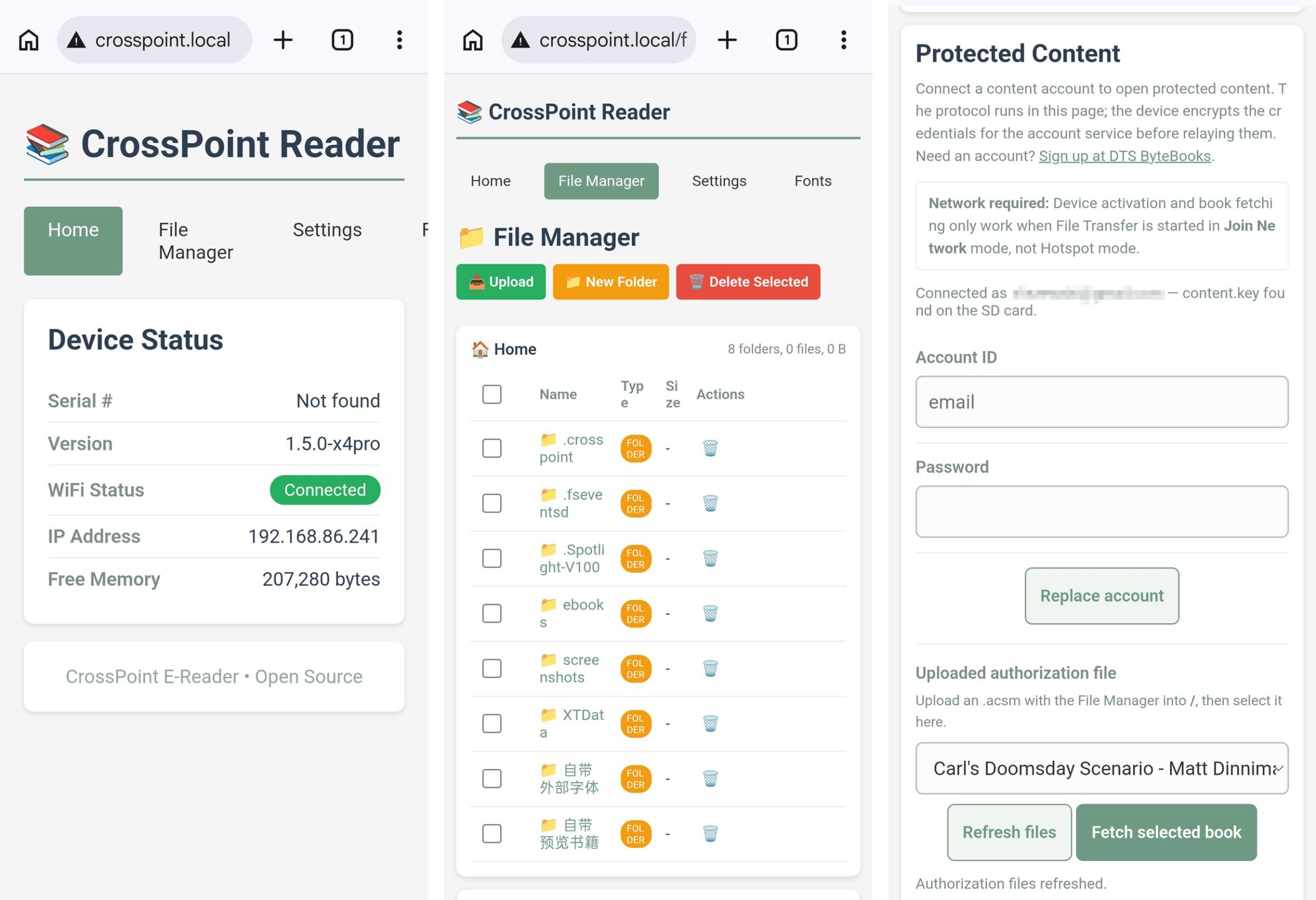 Several screenshots of the CrossPoint Reader web server running in Chrome on an Android phone.