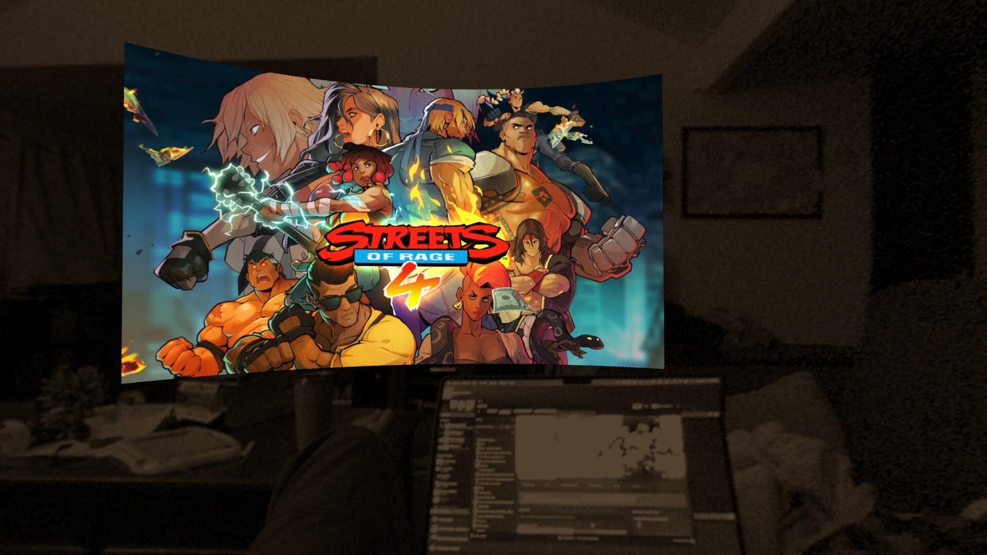 A Streets of Rage 4’s splash screen, curved and gigantic, floats in Sean’s living room.