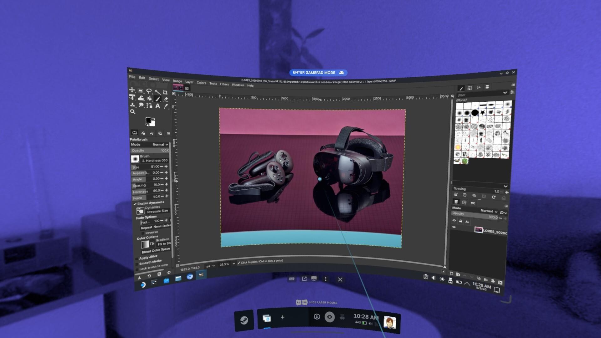 the GIMP image processing software floats in a real world space, which is all in monochrome purple because it’s seen through Valve’s stock cameras.