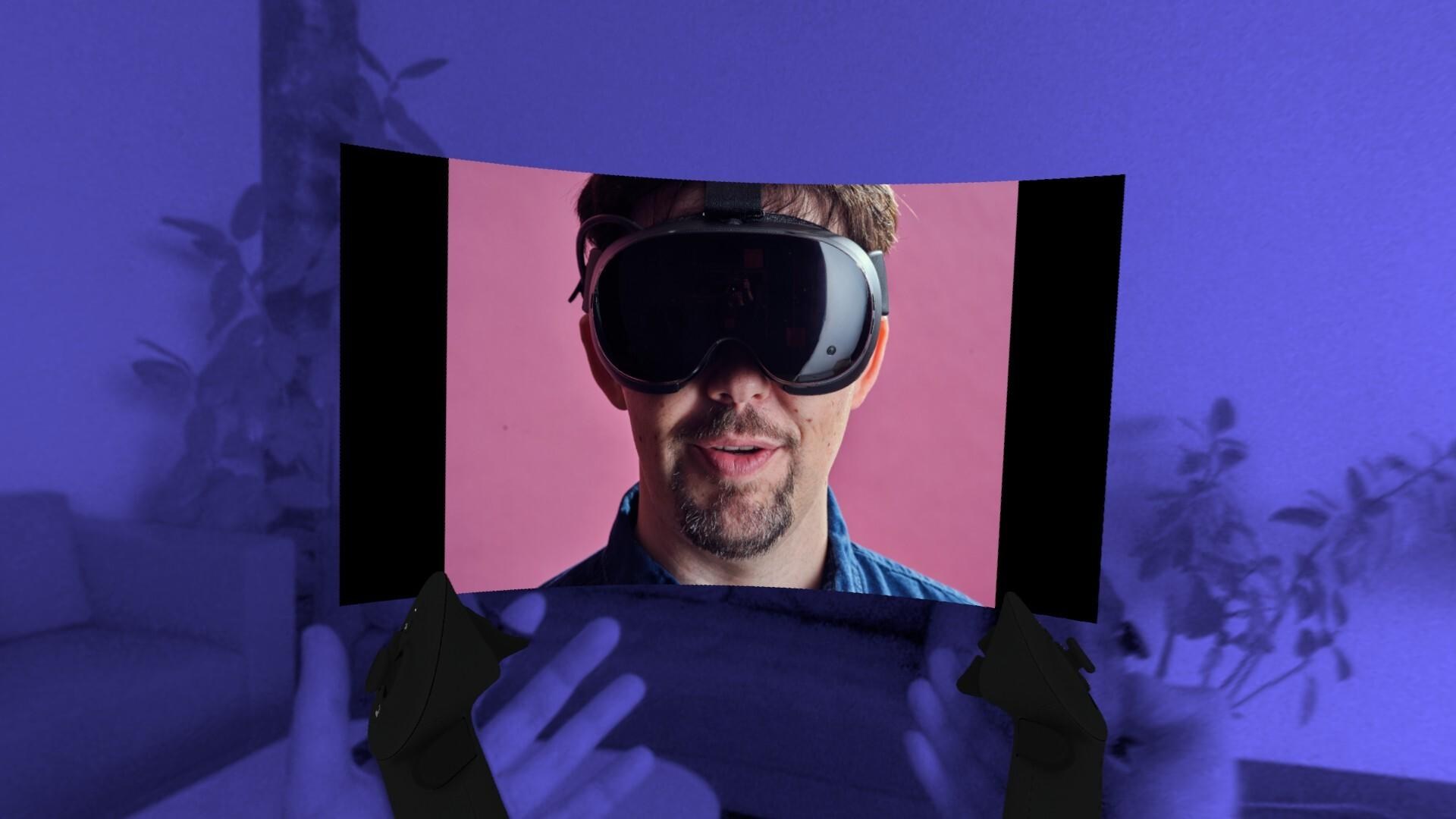 A full color photograph of Sean’s face wearing the Steam Frame floats in a monochrome purple living room space.